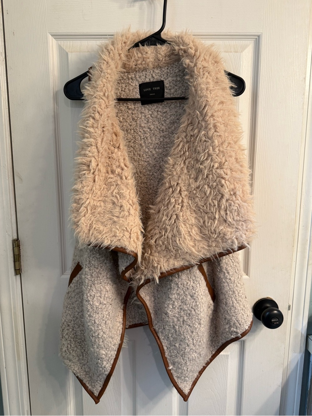 Love Tree Cream Beige Faux-Sherpa Open Front Draped Vest